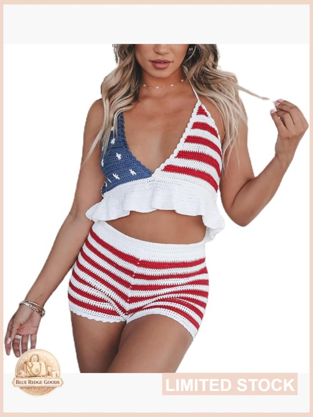 American Flag Knitted 2 Piece Set V Neck Cropped Cami and Shorts Patriotic - Picture 1 of 7